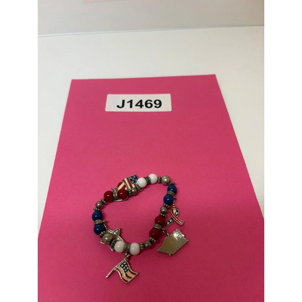 Patriotic Red White Blue Beaded Charm Stretch Bracelet God Bless America Flag